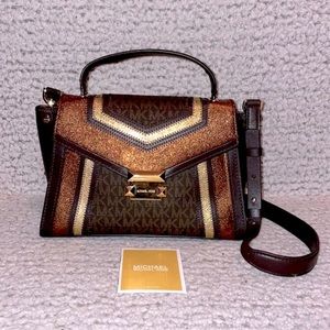 New Michael Kors Whitney Metallic Signature Medium Satchel Crossbody Bag…